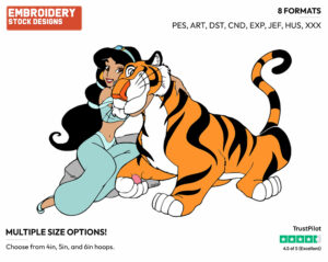 Jasmine Hugging Rajah - Disney's Aladdin - Embroidery Design in 3 sizes & 8 formats
