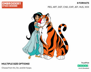 Jasmine Hugging Rajah - Disney's Aladdin - Embroidery Design in 3 sizes & 8 formats