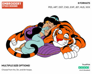 Jasmine, Rajah Sleeping - Disney's Aladdin - Embroidery Design in 3 sizes & 8 formats