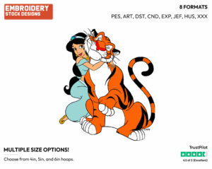 Jasmine, Rajah Hugging - Disney's Aladdin - Embroidery Design in 3 sizes & 8 formats