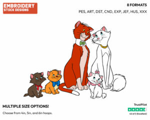 Toulouse, Berlioz, Marie, Duchess, O'Malley - Disney's The Aristocats - Embroidery Design in 3 sizes & 8 formats