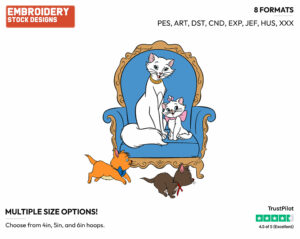 Toulouse, Berlioz, Marie, Duchess - Disney's The Aristocats - Embroidery Design in 3 sizes & 8 formats