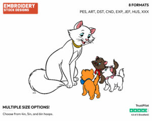 Toulouse, Berlioz, Marie, Duchess - Disney's The Aristocats - Embroidery Design in 3 sizes & 8 formats