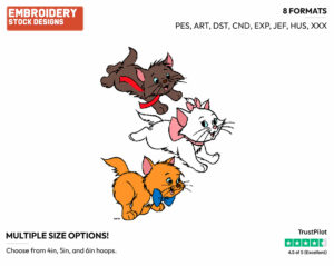 Toulouse, Berlioz, Marie Running - Disney's The Aristocats - Embroidery Design in 3 sizes & 8 formats