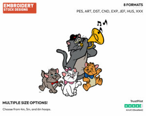 Toulouse, Berlioz, Marie, Scat Cat - Disney's The Aristocats - Embroidery Design in 3 sizes & 8 formats
