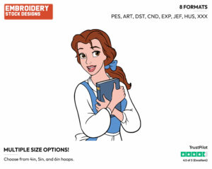 Belle Holding A Book - Disney's Beauty & The Beast - Embroidery Design in 3 sizes & 8 formats