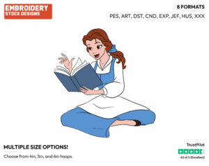 Belle Reading - Disney's Beauty & The Beast - Embroidery Design in 3 sizes & 8 formats