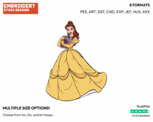 Belle Holding A Book Of Fairytales - Disney's Beauty & The Beast - Embroidery Design in 3 sizes & 8 formats