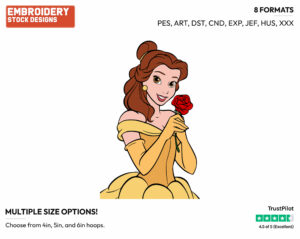 Belle Holding A Rose - Disney's Beauty & The Beast - Embroidery Design in 3 sizes & 8 formats