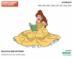 Belle Sitting Down Reading - Disney's Beauty & The Beast - Embroidery Design in 3 sizes & 8 formats
