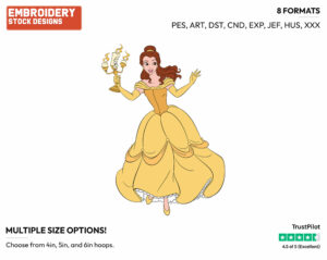 Belle Holding Lumiere In Her Gold Dress - Disney's Beauty & The Beast - Embroidery Design in 3 sizes & 8 formats