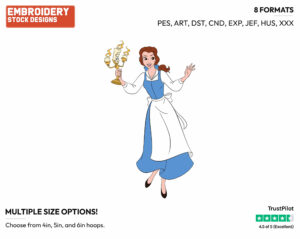 Belle Holding Lumiere In Her Blue Dress - Disney's Beauty & The Beast - Embroidery Design in 3 sizes & 8 formats
