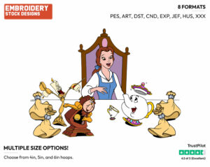 Belle, Lumiere, Cogsworth, Mrs. Potts And Chip At The Table - Disney's Beauty & The Beast - Embroidery Design in 3 sizes & 8 formats