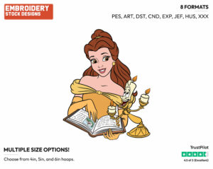 Belle, Lumiere Reading Book - Disney's Beauty & The Beast - Embroidery Design in 3 sizes & 8 formats