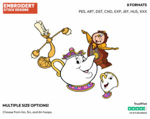 Lumiere, Cogsworth, Mrs. Potts, Chip - Disney's Beauty & The Beast - Embroidery Design in 3 sizes & 8 formats