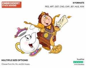 Lumiere, Cogsworth, Mrs. Potts - Disney's Beauty & The Beast - Embroidery Design in 3 sizes & 8 formats