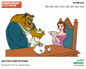 Belle, Beast, Mrs Potts, Chip At The Table - Disney's Beauty & The Beast - Embroidery Design in 3 sizes & 8 formats