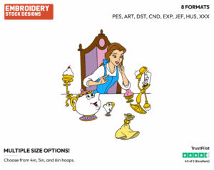 Belle, Mrs Potts, Lumiere At Table - Disney's Beauty & The Beast - Embroidery Design in 3 sizes & 8 formats