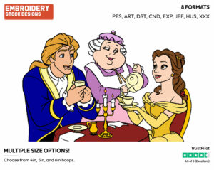 Belle, Prince, Human Mrs Potts - Disney's Beauty & The Beast - Embroidery Design in 3 sizes & 8 formats