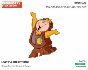 Cogsworth Cheering - Disney's Beauty & The Beast - Embroidery Design in 3 sizes & 8 formats
