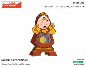 Anxious Cogsworth - Disney's Beauty & The Beast - Embroidery Design in 3 sizes & 8 formats