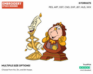 Cogsworth, Lumiere - Disney's Beauty & The Beast - Embroidery Design in 3 sizes & 8 formats