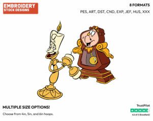 Cogsworth, Lumiere - Disney's Beauty & The Beast - Embroidery Design in 3 sizes & 8 formats