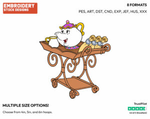 Mrs. Potts On Cart - Disney's Beauty & The Beast - Embroidery Design in 3 sizes & 8 formats