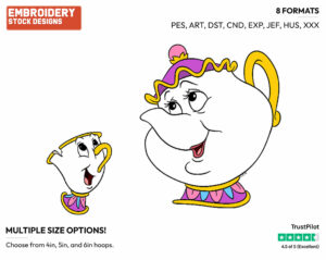 Chip, Mrs. Potts - Disney's Beauty & The Beast - Embroidery Design in 3 sizes & 8 formats