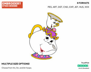 Mrs. Potts, Chip - Disney's Beauty & The Beast - Embroidery Design in 3 sizes & 8 formats