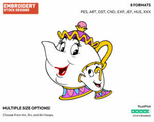 Mrs. Potts, Chip - Disney's Beauty & The Beast - Embroidery Design in 3 sizes & 8 formats