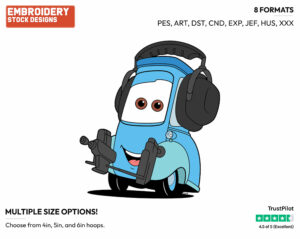 Guido Wearing Headphones - Disney's Cars - Embroidery Design in 3 sizes & 8 formats