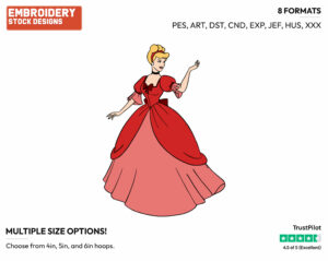 Cinderella In Red Dress - Disney's Cinderella - Embroidery Design in 3 sizes & 8 formats