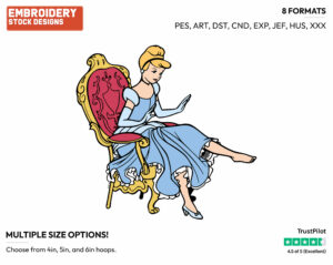 Cinderella Sitting On A Chair, Trying On The Glass Slipper - Disney's Cinderella - Embroidery Design in 3 sizes & 8 formats
