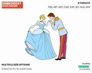 Prince Kissing Cinderella's Hand - Disney's Cinderella - Embroidery Design in 3 sizes & 8 formats