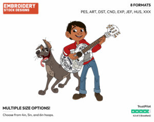 Miguel With Guitar, Dante - Disney's Coco - Embroidery Design in 3 sizes & 8 formats