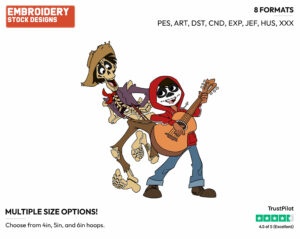 Hector, Miguel Playing Guitar - Disney's Coco - Embroidery Design in 3 sizes & 8 formats