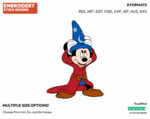 Mickey Mouse Putting On Sorcerer's Hat - Disney's Mickey Mouse & Friends in Fantasia - Embroidery Design in 3 sizes & 8 formats