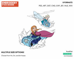 Anna And Elsa Sledding - Disney's Frozen - Embroidery Design in 3 sizes & 8 formats