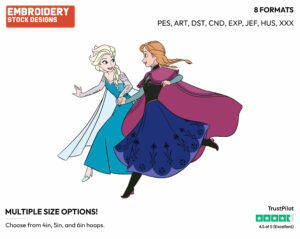 Anna, Elsa Running Together - Disney's Frozen - Embroidery Design in 3 sizes & 8 formats