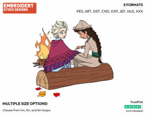 Elsa And Honeymaren Sitting On A Log - Disney's Frozen 2 - Embroidery Design in 3 sizes & 8 formats