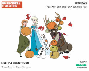 Anna, Elsa, Olaf And Sven With Pumpkins In The Fall - Disney's Frozen - Embroidery Design in 3 sizes & 8 formats