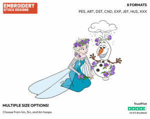 Elsa Decorating Olaf With Spring Flowers - Disney's Frozen - Embroidery Design in 3 sizes & 8 formats