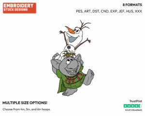 Olaf Standing On A Troll's Shoulders - Disney's Frozen - Embroidery Design in 3 sizes & 8 formats