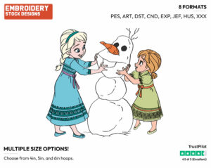 Young Anna, Elsa Building Snowman - Disney's Frozen - Embroidery Design in 3 sizes & 8 formats