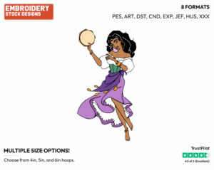 Esmeralda Playing The Tambourine - Disney's The Hunchback of Notre-Dame - Embroidery Design in 3 sizes & 8 formats