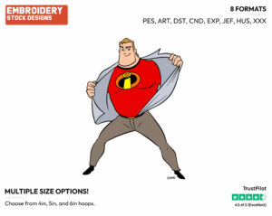 Bob Parr Becomes Mr. Incredible - Disney's The Incredibles - Embroidery Design in 3 sizes & 8 formats