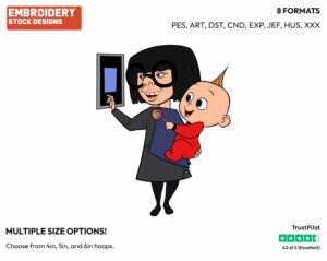 Edna Mode, Jack-Jack With His Lollipop - Disney's The Incredibles 2 - Embroidery Design in 3 sizes & 8 formats