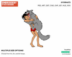 Mowgli And Akela The Wolf Hugging - Disney's The Jungle Book - Embroidery Design in 3 sizes & 8 formats