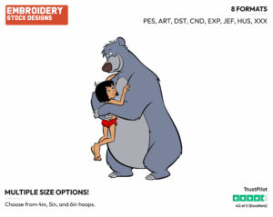 Baloo, Mowgli Hugging - Disney's The Jungle Book - Embroidery Design in 3 sizes & 8 formats